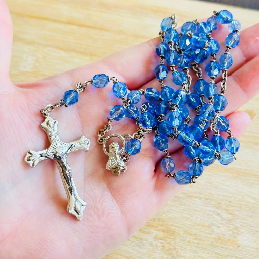VTG Estate Rosary Madonna Medal Italy Roma Beaded Blue Glass Catholic Faceted